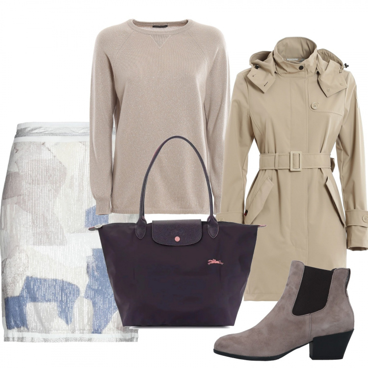 Outfit donna - Trendy #74575. Stile Trendy per Tutti i giorni. Abbinamento con stivaletti chelsea, gonne longuette, borse a spalla, maglioni, trench.