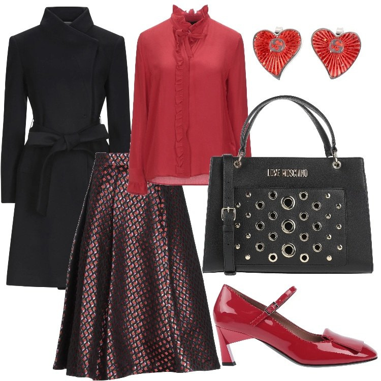 Outfit donna - Mary Jane in rosso. Stile Chic per Tutti i giorni. Abbinamento con cappotti, gonne longuette, camicie, décolleté, borse a mano, orecchini.