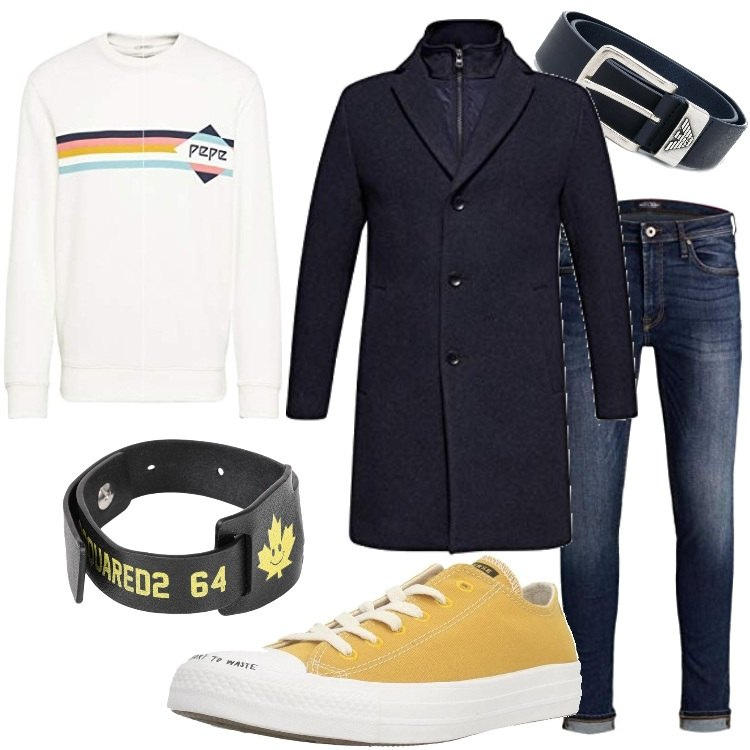 Outfit uomo - In felpa e sneakers. Stile Trendy per Tutti i giorni. Abbinamento con braccialetti, sneakers, cinture, cappotti, jeans, felpe.