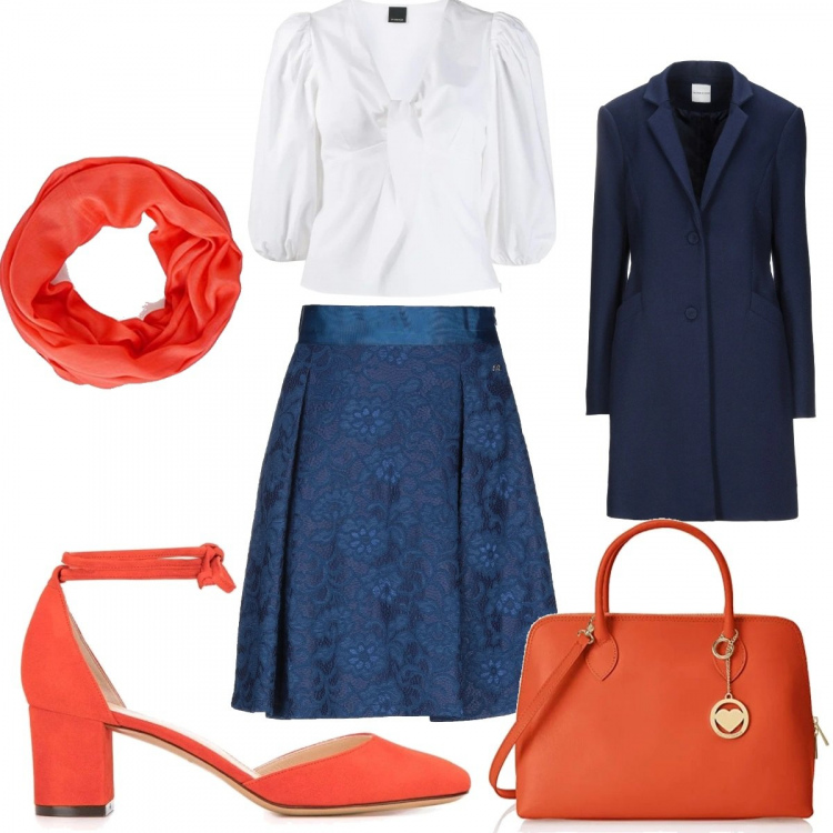 Outfit donna - Un tocco di arancione. Stile Bon Ton per Tutti i giorni. Abbinamento con gonne longuette, cappotti, décolleté, bluse, borse a mano, foulard.
