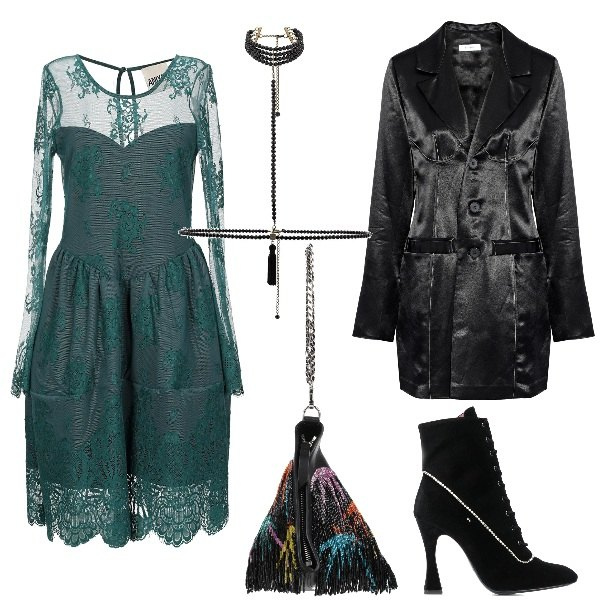 Outfit donna - TREND:Gothic romantic Style. Stile Rock per Serata fuori. Abbinamento con vestiti corti, cappotti, borse a mano, ciondoli, stivaletti.