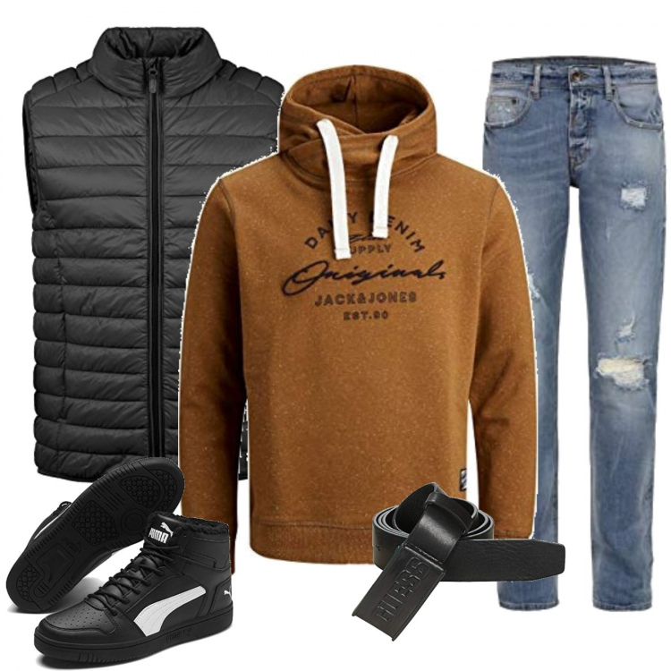 Outfit uomo - Sneakers&felpa. Stile Urban per Tutti i giorni. Abbinamento con jeans, felpe con cappuccio, piumini, sneakers alte, cinture.
