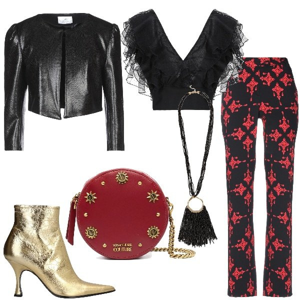 Outfit donna - TREND:Gothic romantic in pantalone. Stile Rock per Serata fuori. Abbinamento con pantaloni, top, stivaletti, collane, cappotti, borse a spalla.