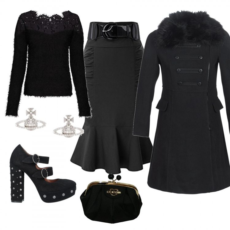 Outfit donna - Total look #764564. Abbinamento con décolleté, maglioni, cappotti, orecchini, gonne longuette, pochette.