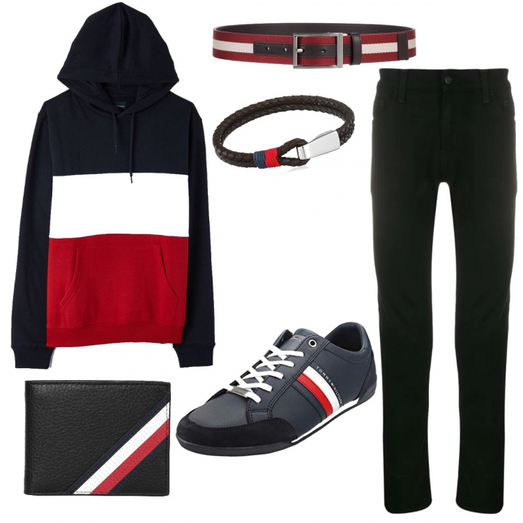 Outfit uomo - Tre righe e tre colori. Stile Casual per Tutti i giorni. Abbinamento con portafogli, cinture, felpe con cappuccio, jeans, sneakers, braccialetti.