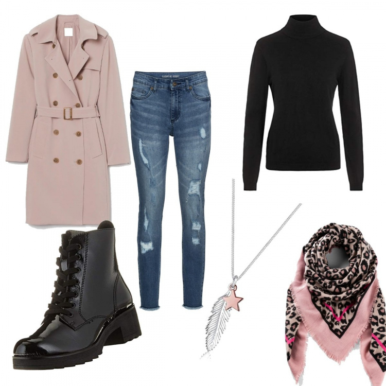 Outfit donna - Total look #764688. Abbinamento con foulard, jeans strappati, stivaletti, trench, pullovers, ciondoli.