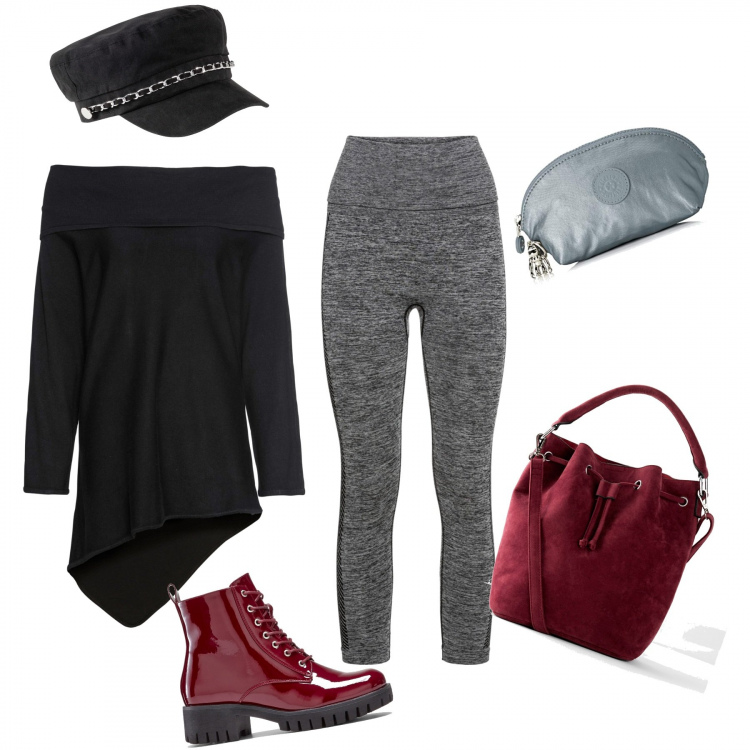 Outfit donna - Curvy and fashion. Stile Trendy per Tutti i giorni. Abbinamento con leggings sportivo, maglioni, stivaletti, borse a mano, berretti, portamonete.