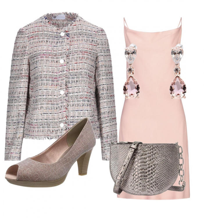 Outfit donna - Chic #40560. Stile Chic per Cerimonia. Abbinamento con vestiti midi/longuette, blazer, orecchini, scarpe col tacco, borse a spalla.