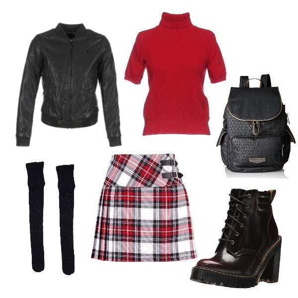 Outfit donna - Mitici anni 90. Stile Trendy per Scuola/Università. Abbinamento con calze, maglioncino lavorato a maglia collo a dolcevita a maniche corte tinta unita, gonnellino a quadri plissè.