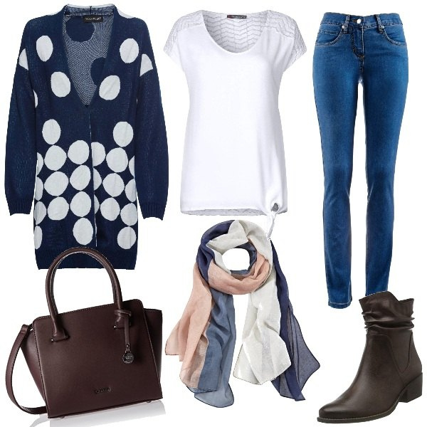 Outfit donna - Casual con gusto. Stile Urban per Scuola/Università. Abbinamento con jeans dritti, cardigans, sciarpe, stivaletti texani, t-shirt, borse a cartella.
