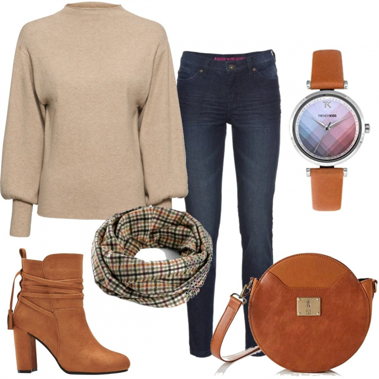 Outfit donna - La tracolla cuoio. Stile Basic per Tutti i giorni. Abbinamento con maglieria, jeans skinny, stivaletti, foulard, borse a spalla, orologi.