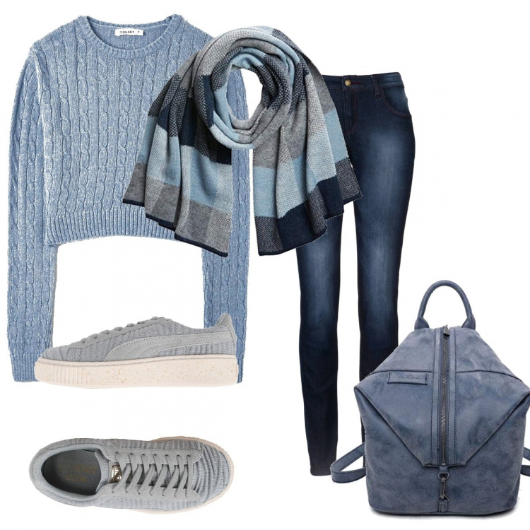 Outfit donna - Tutti i colori del cielo. Stile Basic per Scuola/Università. Abbinamento con jeans skinny, sneakers, maglieria, scialli, zaini.
