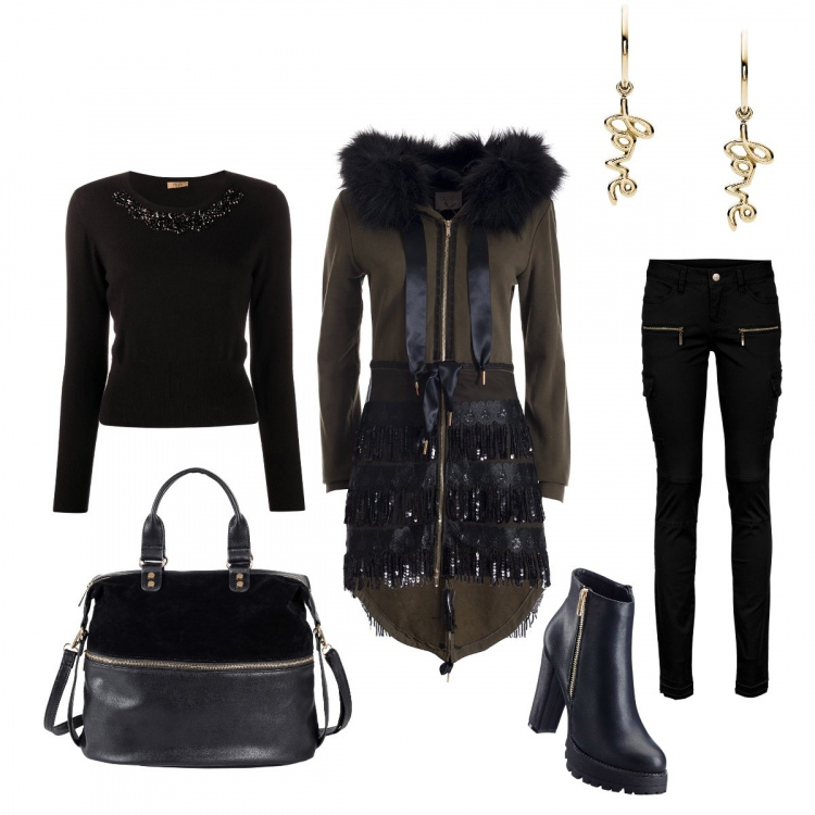 Outfit donna - Dark lady. Stile Urban per Serata fuori. Abbinamento con pantaloni cargo, stivaletti, vestiti, orecchini, parka, maglioni.