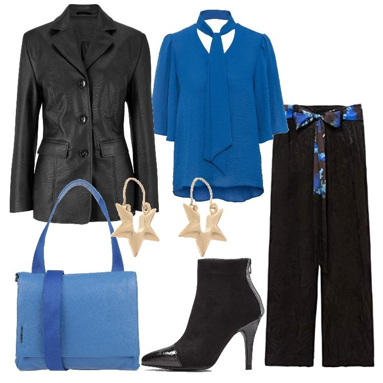 Outfit donna - Trendy #75458. Stile Trendy per Ufficio. Abbinamento con blazer, bluse, stivaletti, borse a mano, orecchini, pantaloni.