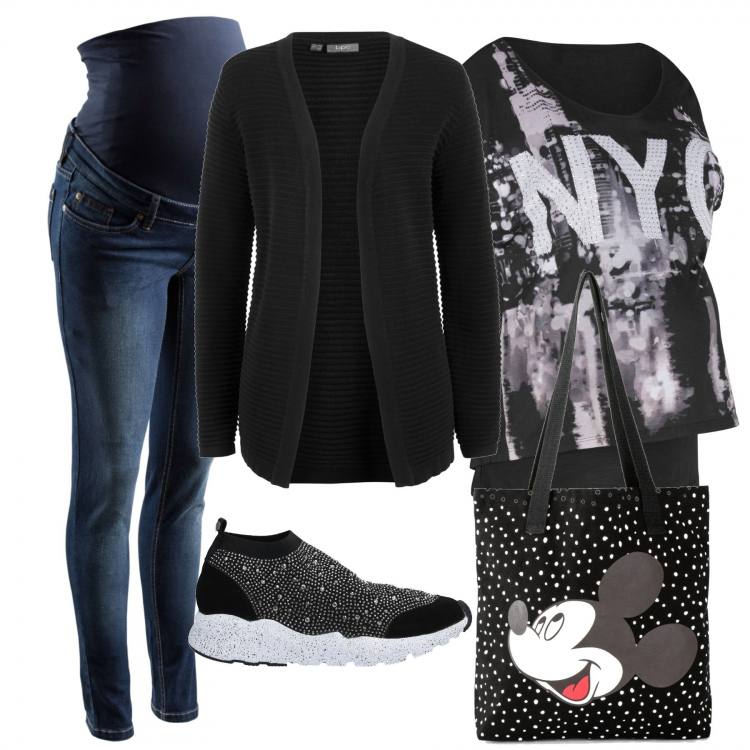 Outfit donna - Viva il pancione. Stile Urban per Tutti i giorni. look ideale per Premaman. Abbinamento con jeans skinny, cardigans, pullovers, shopping bag, sneakers alte.