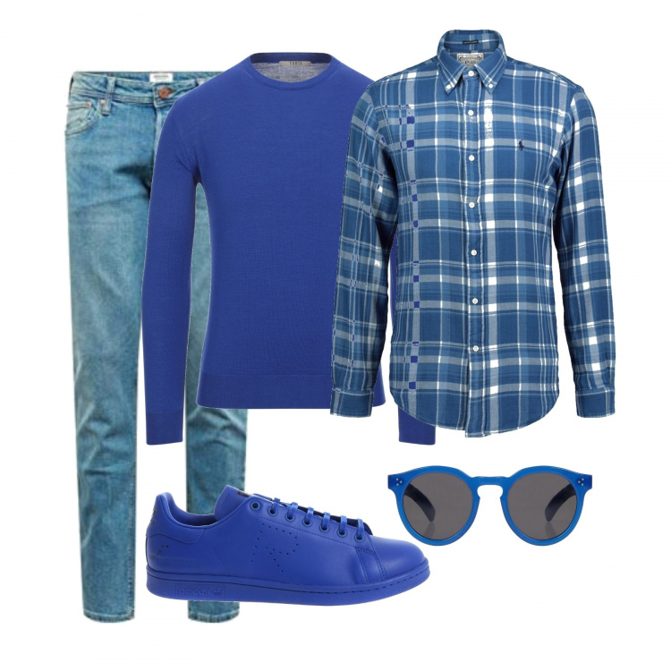 Outfit uomo - Autunno in blù. Stile Casual per Tutti i giorni. Abbinamento con occhiali da sole, pullovers, jeans, sneakers, camicie.