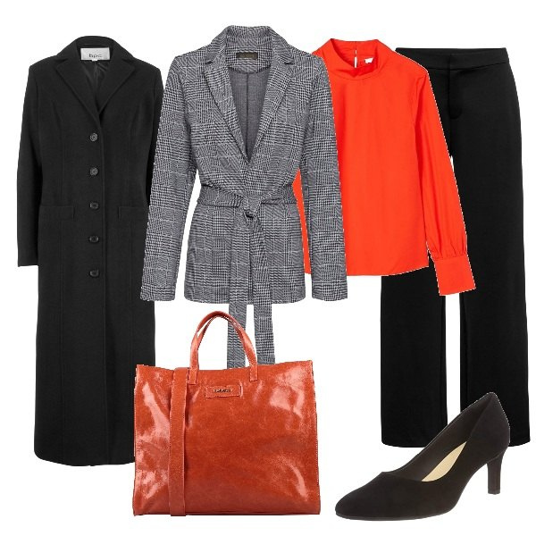 Outfit donna - Chic #40682. Stile Chic per Ufficio. Abbinamento con cappotti, blazer, pantaloni capri, borse a mano, bluse, scarpe col tacco.