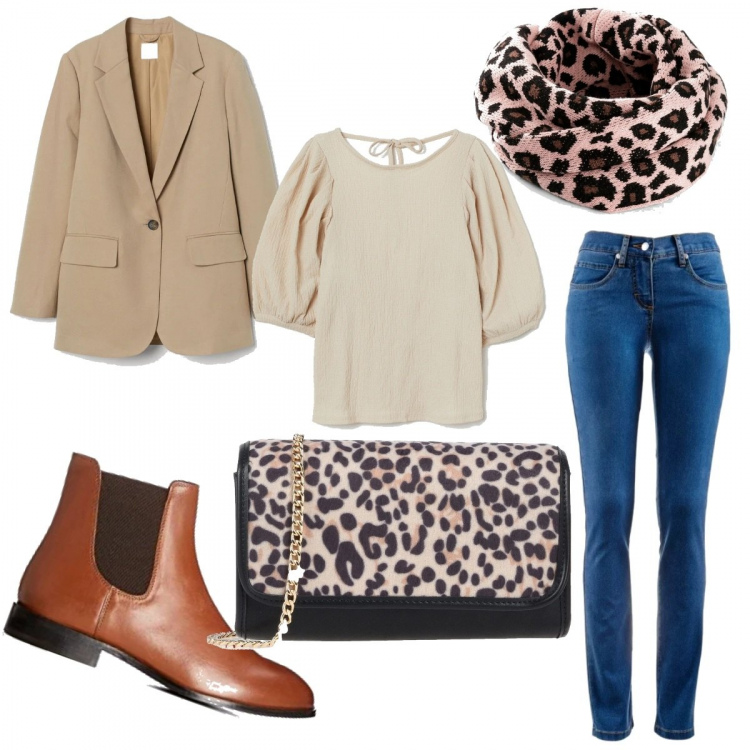 Outfit donna - Foulard e tracolla tigrati. Stile Basic per Tutti i giorni. Abbinamento con jeans dritti, foulard, borse a mano, camicie, stivaletti chelsea, blazer.
