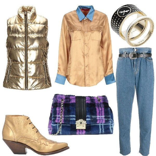 Outfit donna - Trendy ORO. Stile Trendy per Tutti i giorni. Abbinamento con camicie, stivaletti, borse a tracolla, piumini, pantaloni, anelli.