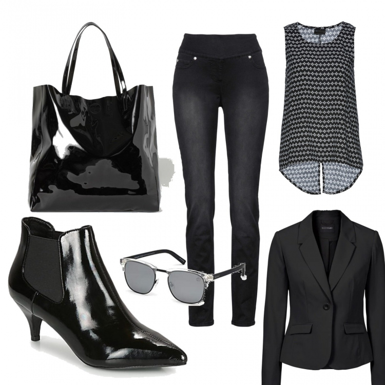 Outfit donna - Totalblack. Stile Urban per Ufficio. Abbinamento con blazer, top, jeans, stivaletti, shopping bag, occhiali da sole.