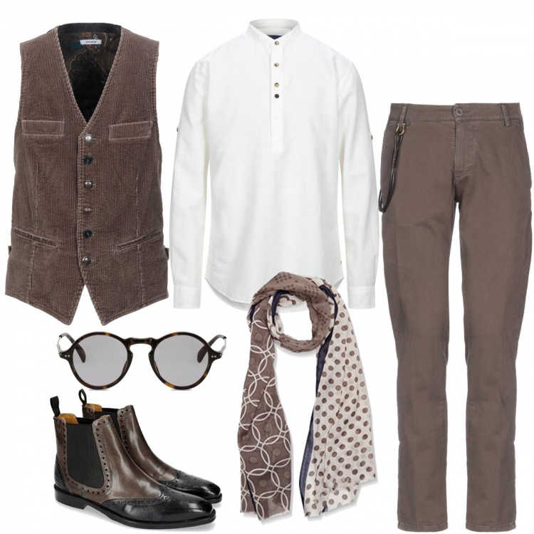 Outfit uomo - Intellettuale boho. Stile Trendy per Tutti i giorni. Abbinamento con gilet, pantaloni, camicie, occhiali da sole, stivali e stivaletti, sciarpe.