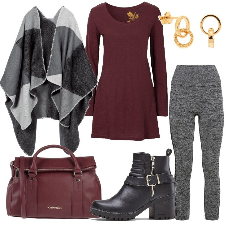 Outfit donna - Miniabito e leggings. Stile Basic per Tutti i giorni. Abbinamento con maglieria, leggings sportivo, cappotti, stivaletti, borse a mano, orecchini.