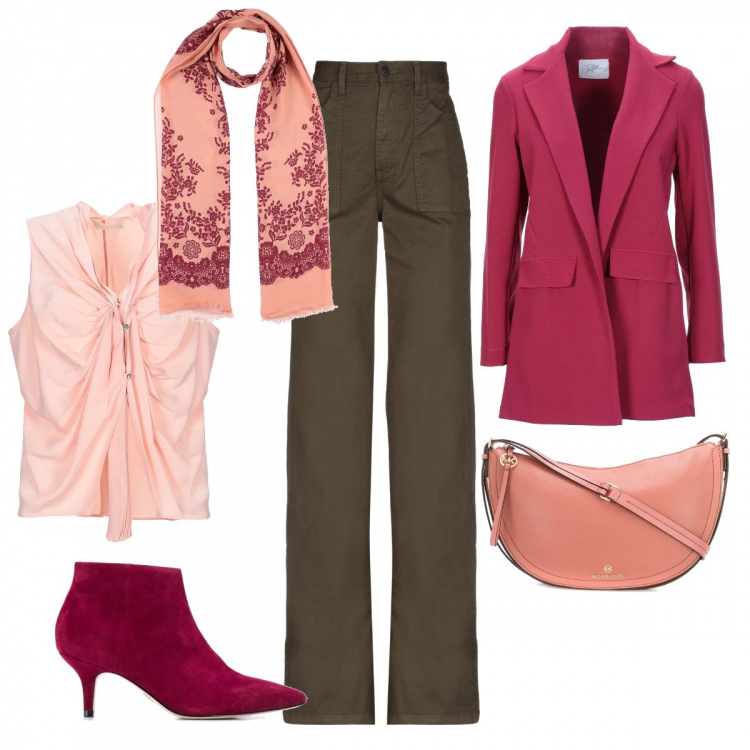 Outfit mujer - Cherry n\' Peach Tuesday. Estilo Bon Ton para Oficina. look ideal para Tall/Alta. Combinación con blazers, vaqueros pata de elefante, camisas, bolsos de hombro, botines, chales.