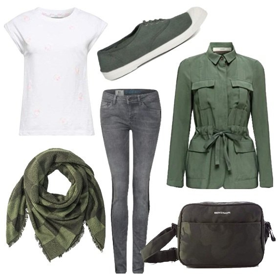 Outfit mujer - Fular y bandolera. Estilo Basic para Escuela/Universidad. Combinación con blazers, camiseta, vaqueros slim fit, bandoleras, sneakers, bandas para el pelo.