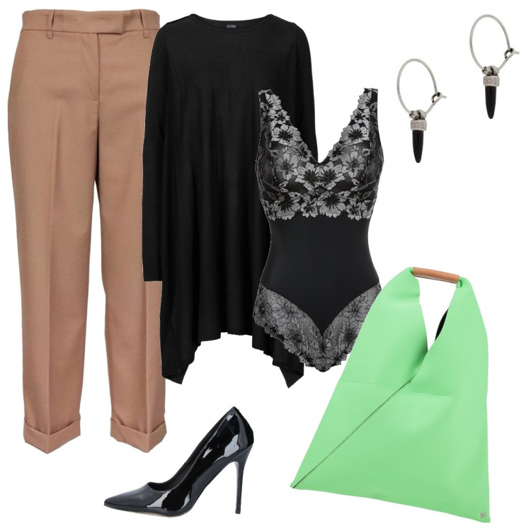 Outfit donna - Cobalt green. Stile Chic per Ufficio. Abbinamento con décolleté, borse a mano, maglieria, body, orecchini, pantaloni capri.