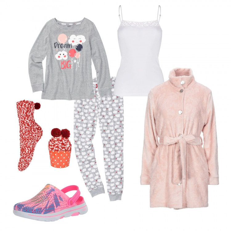 Outfit donna - Pigiama, vestaglia e ciabatte. Stile Basic per Tutti i giorni. Abbinamento con pigiama, vestaglie, canottiere, ciabatte, calzini.