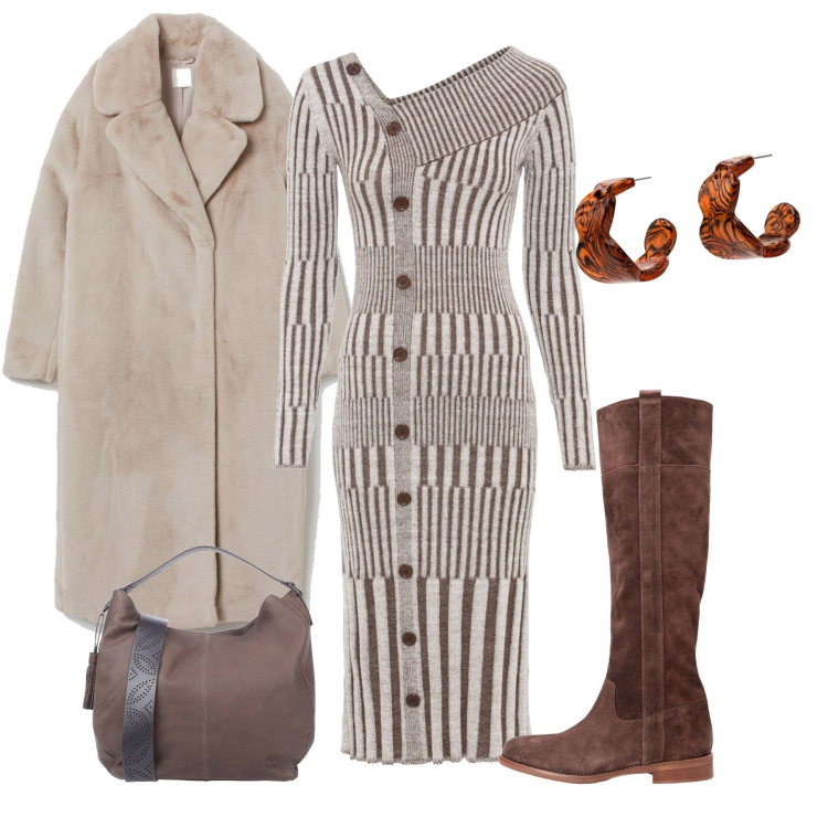 Outfit donna - Righe neutre. Stile Chic per Tutti i giorni. Abbinamento con vestiti, stivali sopra il ginocchio, borse a mano, orecchini, cappotti.