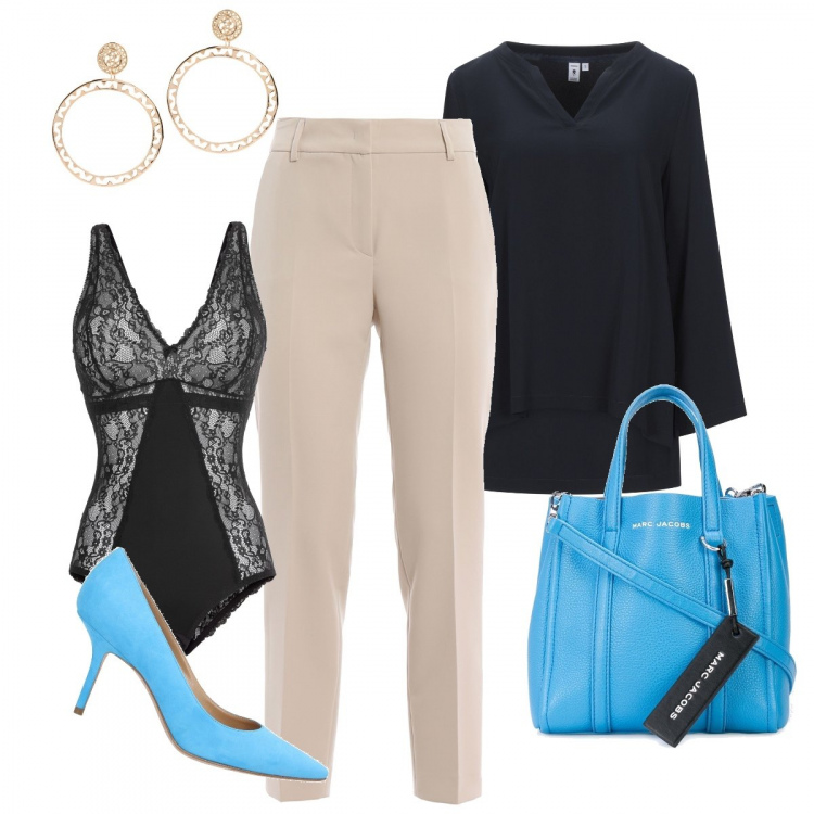 Outfit donna - Chic #40853. Stile Chic per Ufficio. Abbinamento con body, orecchini, décolleté, bluse, borse tote, pantaloni capri.