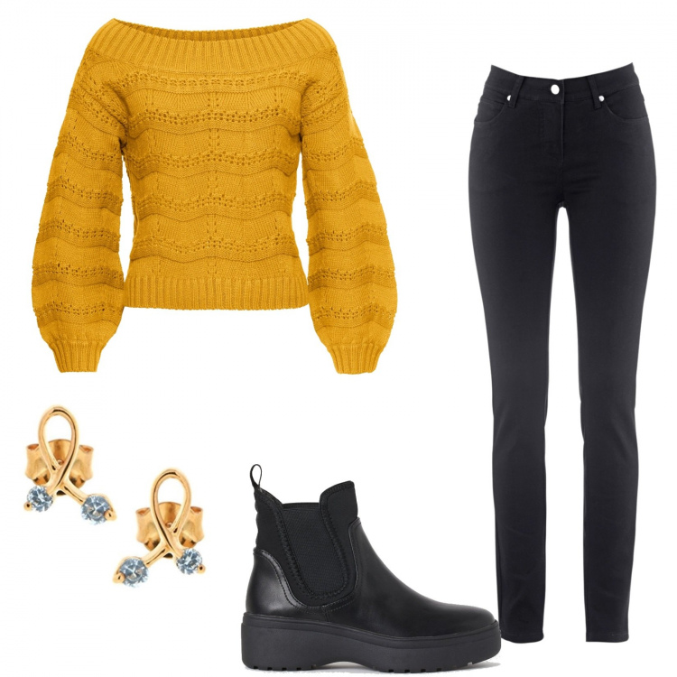 Outfit donna - Outfit invernale. Stile Trendy per Tutti i giorni. Abbinamento con jeans dritti, maglioni, stivaletti chelsea, orecchini.