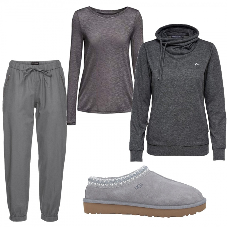Outfit donna - Smartworking. Stile Basic per Tutti i giorni. Abbinamento con pantaloni, pantofole, felpe, t-shirt.