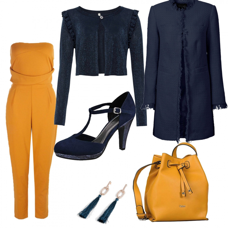 Outfit donna - Alternanza di colori. Stile Bon Ton per Serata fuori. Abbinamento con blazer, bolero, orecchini, tute, scarpe col tacco, borse a secchiello.