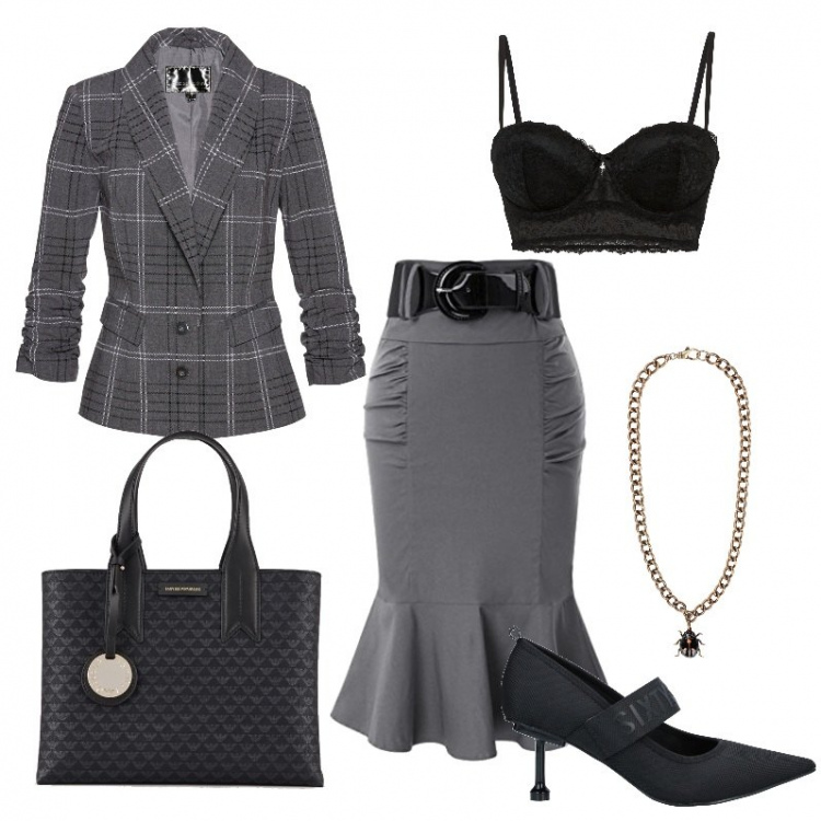 Outfit donna - In ufficio con classe. Stile Chic per Ufficio. Abbinamento con reggiseni a balconcino, top, collane, décolleté, gonne longuette, shopping bag.