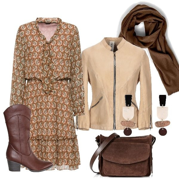 Outfit mujer - Otoño es de marron. Estilo Trendy para Todos los días. Combinación con bandoleras, bufandas, botas, vestidos midi/longuettes, abrigos, pendientes.