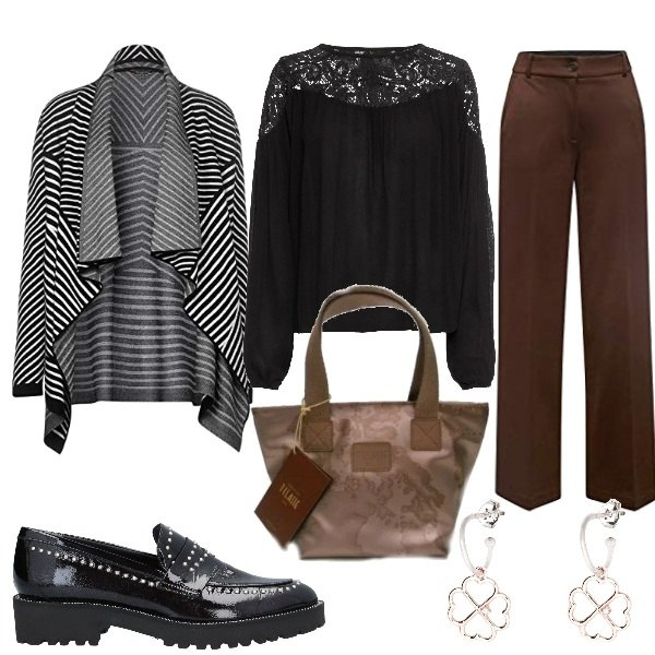 Outfit donna - Colazione con le amiche. Stile Bon Ton per Tutti i giorni. Abbinamento con tuniche, mocassini, orecchini, shopping bag, cardigans, pantaloni.