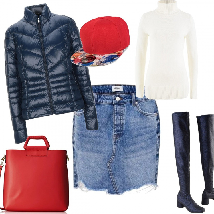 Outfit donna - Trendy #75211. Stile Trendy per Serata fuori. Abbinamento con maglieria, stivali sopra il ginocchio, piumini, minigonne, borse a spalla, cappelli con visiera.