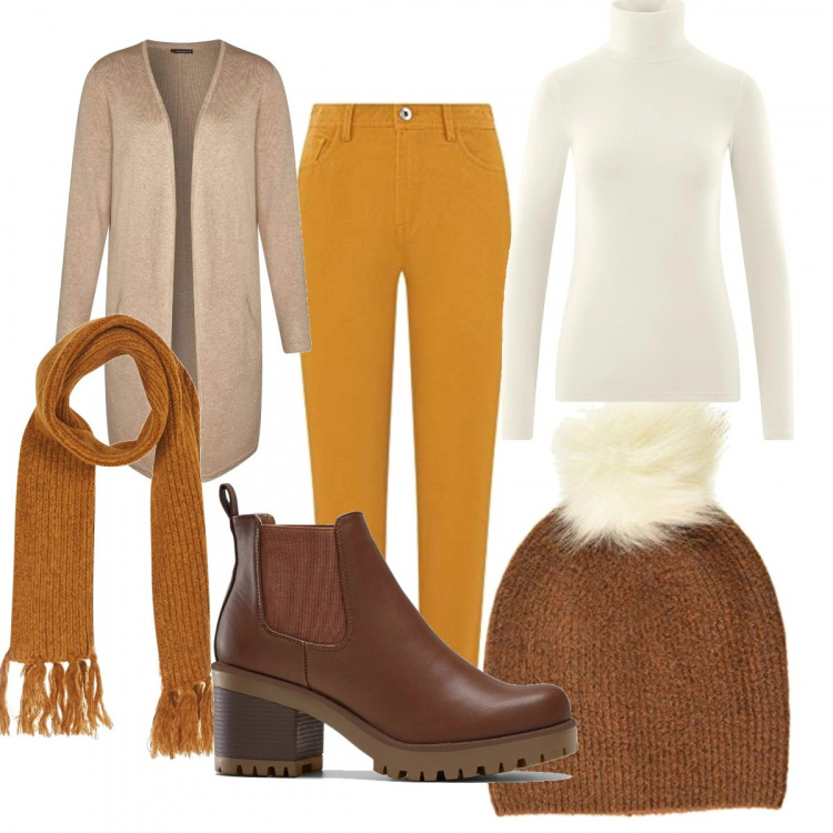 Outfit donna - Total look #767565. per Tutti i giorni. Abbinamento con stivaletti chelsea, sciarpe, jeans mom, maglieria, cardigans, pullovers.
