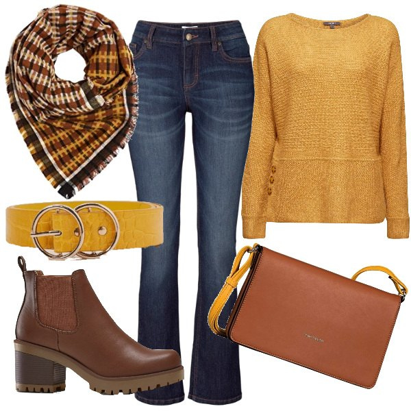 Outfit donna - Yellow & brown urban country. Stile Urban per Tutti i giorni. Abbinamento con jeans bootcut, stivaletti chelsea, cinture, felpe, sciarpe, borse a spalla.