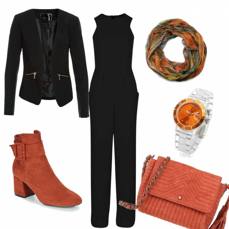 Outfit donna - In ufficio con stile. Stile Bon Ton per Ufficio. Abbinamento con blazer, borse a spalla, tute, stivaletti, orologi, foulard.