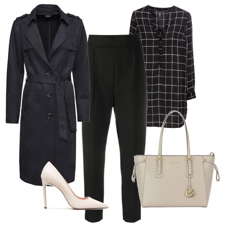 Outfit donna - Bon Ton #31039. Stile Bon Ton per Ufficio. Abbinamento con bluse, cappotti, pantaloni, décolleté, shopping bag.