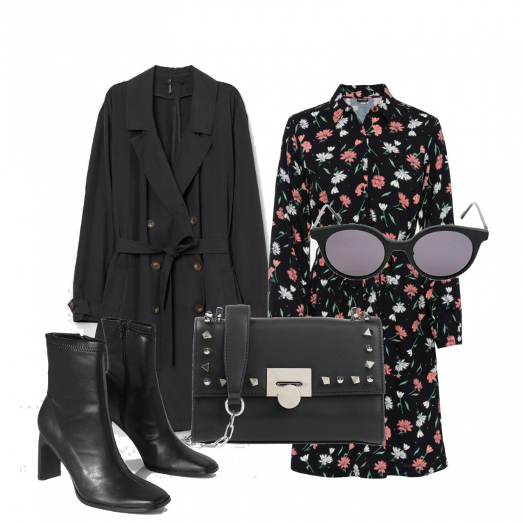 Outfit donna - Fiorellini in autunno. Stile Trendy per Tutti i giorni. Abbinamento con vestiti a tubino, borse a tracolla, stivali, trench, occhiali da sole.