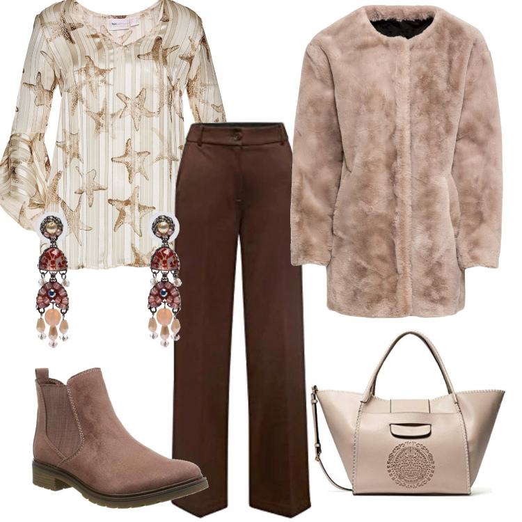 Outfit donna - Colazione con le amiche. Stile Trendy per Tutti i giorni. Abbinamento con vestiti midi/longuette, ecopellicce, orecchini, pantaloni, stivaletti chelsea, borse a mano.