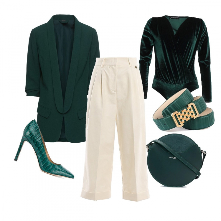 Outfit donna - Chic #41003. Stile Chic per Serata fuori. Abbinamento con blazer, bluse, borse a tracolla, décolleté, cinture, pantaloni a palazzo.