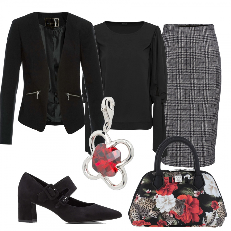 Outfit donna - Scarpa Mary Jane e borsa a mano. Stile Bon Ton per Ufficio. Abbinamento con blazer, bluse, tuniche, décolleté, borse a mano, ciondoli.