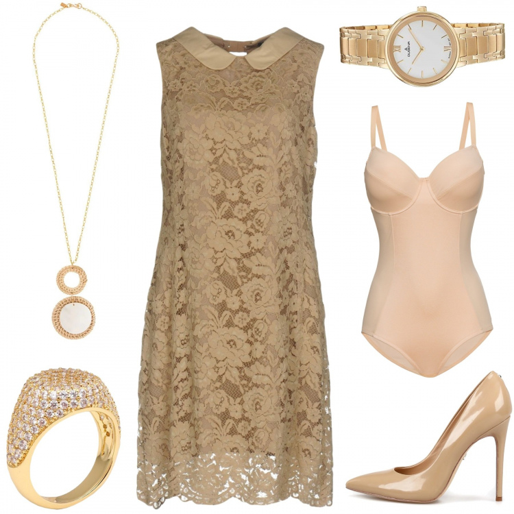Outfit donna - Il tubino in pizzo. Stile Bon Ton per Cerimonia. Abbinamento con body, vestiti corti, anelli, ciondoli, décolleté, orologi analogici.