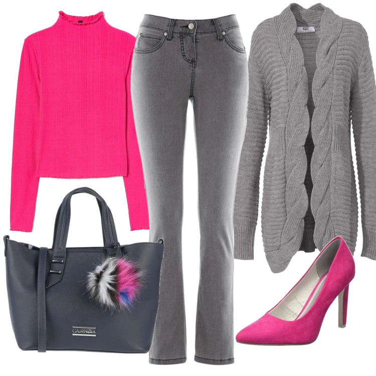 Outfit donna - Le decoltè rosa. Stile Trendy per Ufficio. Abbinamento con jeans slim fit, cardigans, borse a tracolla, pullovers, scarpe col tacco.
