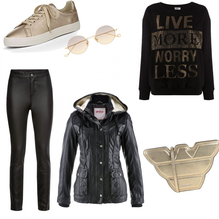 Outfit donna - Shopping in centro. Stile Trendy per Tutti i giorni. Abbinamento con blazer, pantaloni, borse a tracolla, felpe, occhiali da sole, sneakers.
